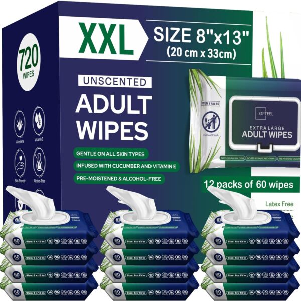 Adult Wipes For Elderly - 8"x13" 720ct (12 Packs of 60) Huge & Soft Non-Flushable Body Wipes For Adults Bathing No-Rinse - Incontinence Disposable Washcloths, Vitamin E & Aloe Infused Shower