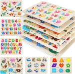 GRINNNIE Wooden Peg Puzzle for Toddlers, 6 Pack Toddler Puzzles Set for 3 4 5 Years Old (Alphabet Number Shape Animal Dinosaur Vehicle), Preschool Education Learning Puzzle Toys for Girls and Boys
