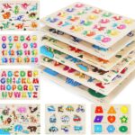 GRINNNIE Wooden Peg Puzzle for Toddlers, 6 Pack Toddler Puzzles Set for 3 4 5 Years Old (Alphabet Number Shape Animal Dinosaur Vehicle), Preschool Education Learning Puzzle Toys for Girls and Boys
