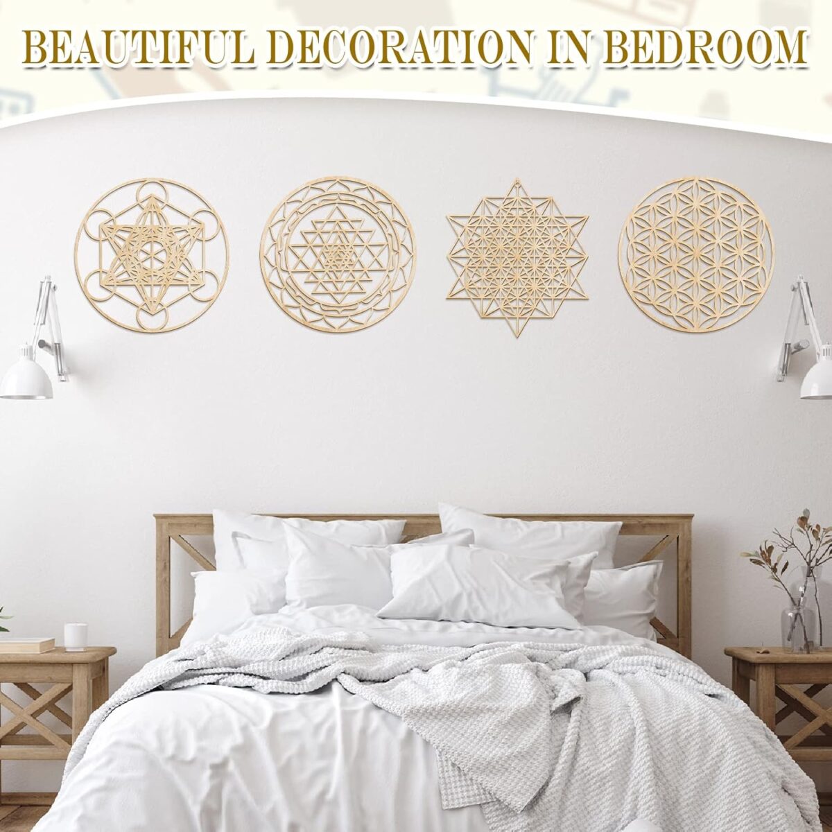 Leinuosen 4 Pcs 12 Inch Crystal Grid Board Sacred Geometric Wall Art Set Metatron Cube, Flower of Life, Sri Yantra, 64 Star Tetrahedron Pagan Decor Home Wall Decor for Room (Wood Color) - Image 5