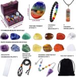 22Pcs Healing Crystals Set, Chakra Quartz Kits in Wooden Box (7 Raw and 7 Tumbled Chakra Stones, Lava Bracelet, Chakra Necklace and Amethyst Pendulum, Thumb Worry Stone, Selenite Charging Plate, etc.) - Image 2