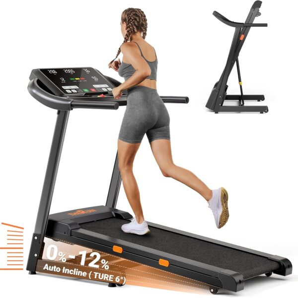 THERUN Incline Treadmill, 0-12% Auto Incline Treadmill for Running and Walking, 300 lbs Weight Capacity, Wide Belt, 3.0 HP, 18" LED Screen, 2 Layers Shock-Absorbing