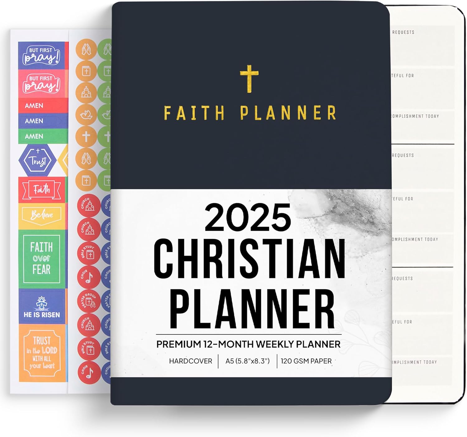 71tl4jM5RL._AC_SL1500_.jpg 2025 Christian Planner, Bible Planner & Prayer Journal | Daily Christian Planner 2025 For Women & Men with Weekly & Monthly Planning | 12 Month A5 Size | Black | Faith Planner - Image 1
