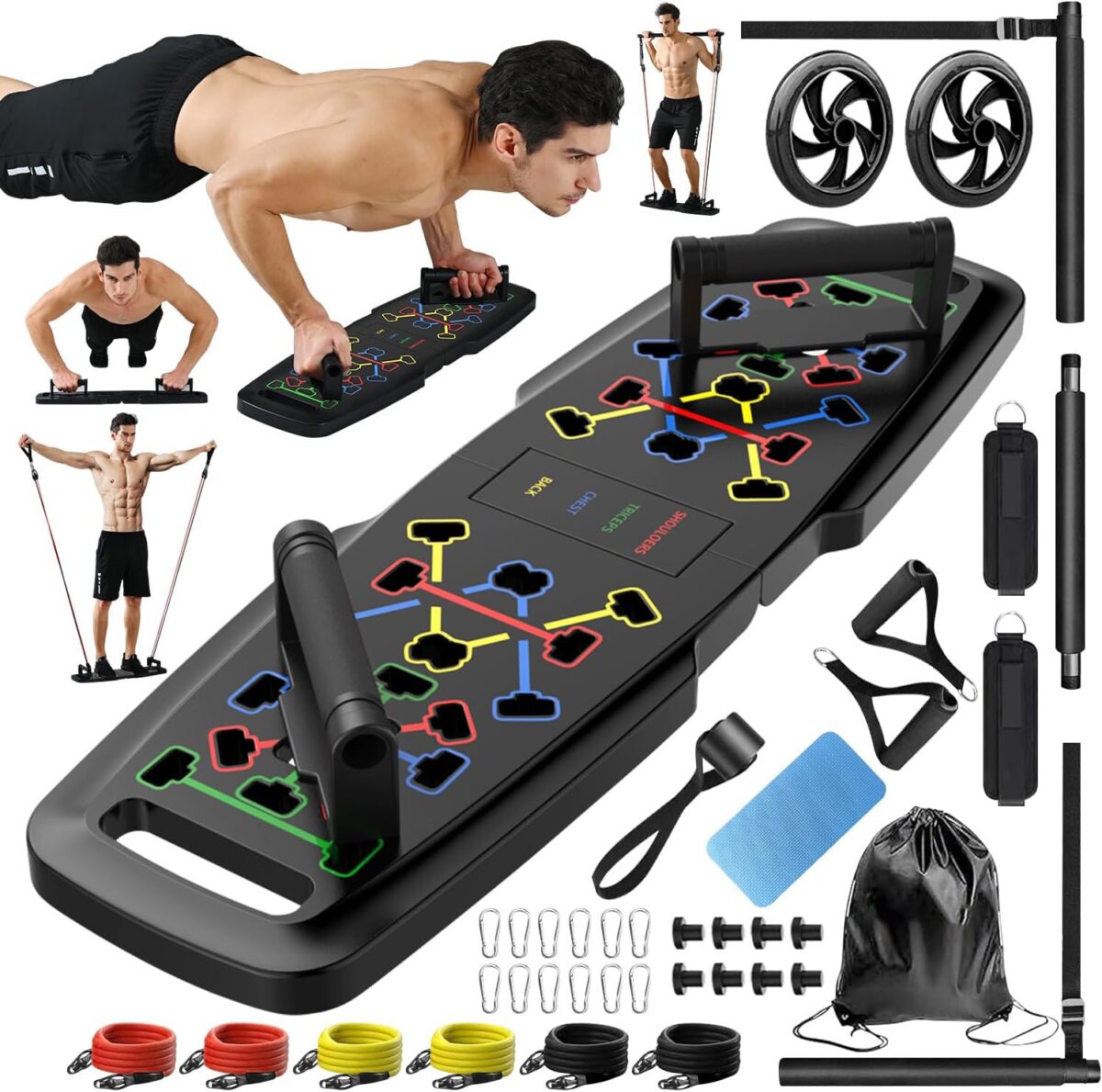 Push Up Board,Home Gym,Portable Exercise Equipment,Pilates Bar and 20 Fitness Accessories with Resistance Bands and Ab Roller Wheel,Full Body Workout at Home - Image 1