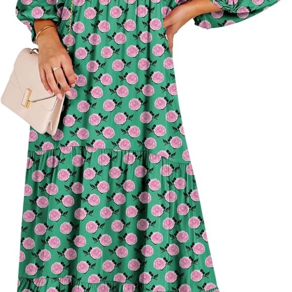 ANRABESS Womens Boho Maxi Dresses 2025 Summer V Neck Puff Sleeve Floral Flowy Swing Casual Long Dress