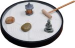 Nature's Mark Mini Zen Garden Kit for Desk with Rake, White Sand, Black Round Base, Miniature Pagoda Figure, River Rocks and Miniature Buddha Figure (6Lx6W Round B) - Image 2