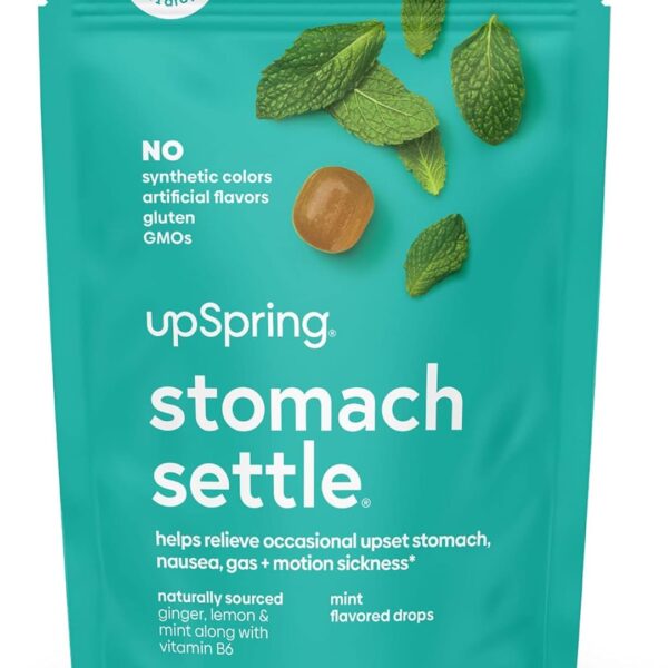 UpSpring Stomach Settle Drops for Occasional Nausea Relief/Upset Stomach with Ginger, Lemon, Spearmint, and B6. Mint Flavor Drops, 28 Ct(Packaging May Vary)
