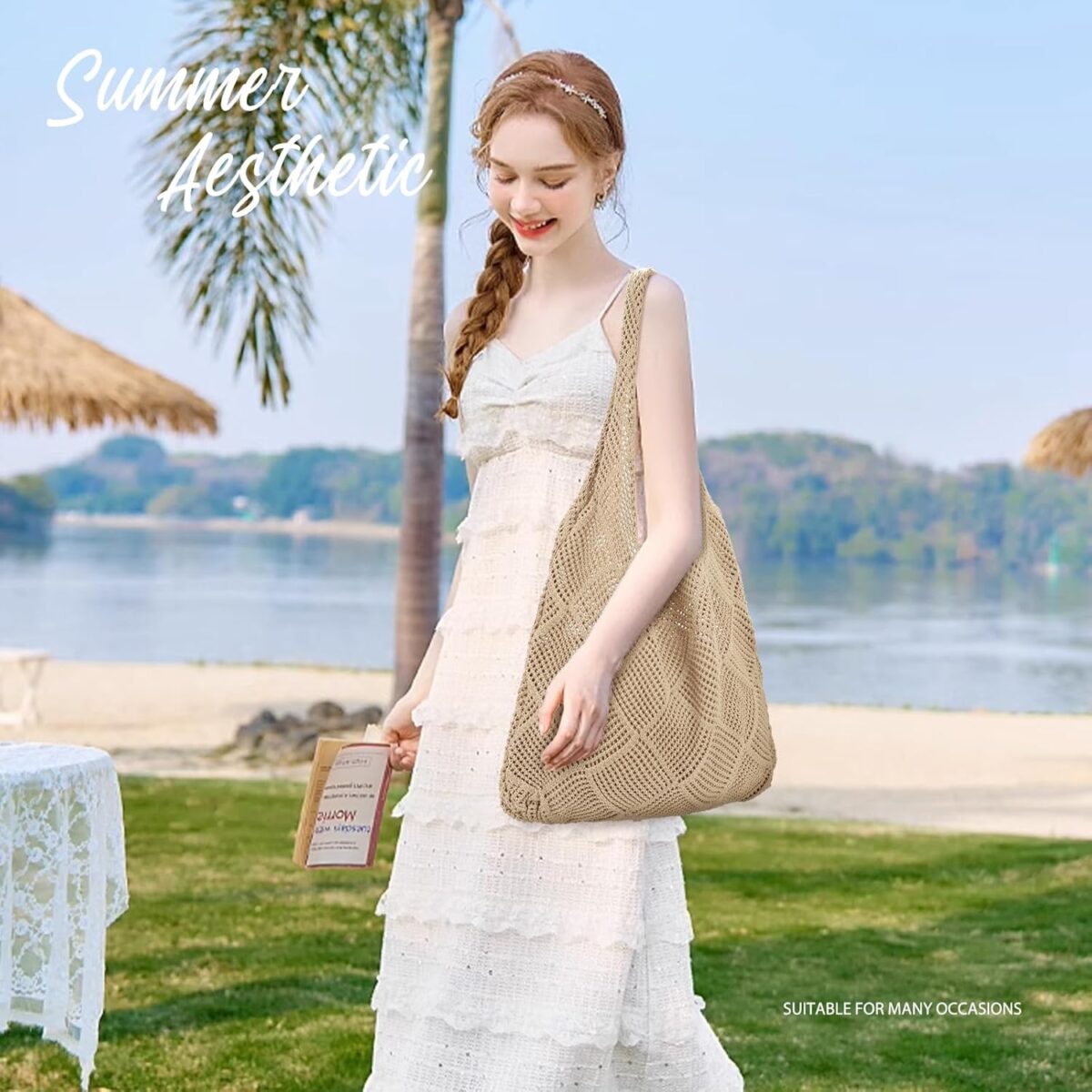 hatisan Crochet Bags for Women - Summer Beach Tote, Aesthetic Hippie Knit Bag - Image 5