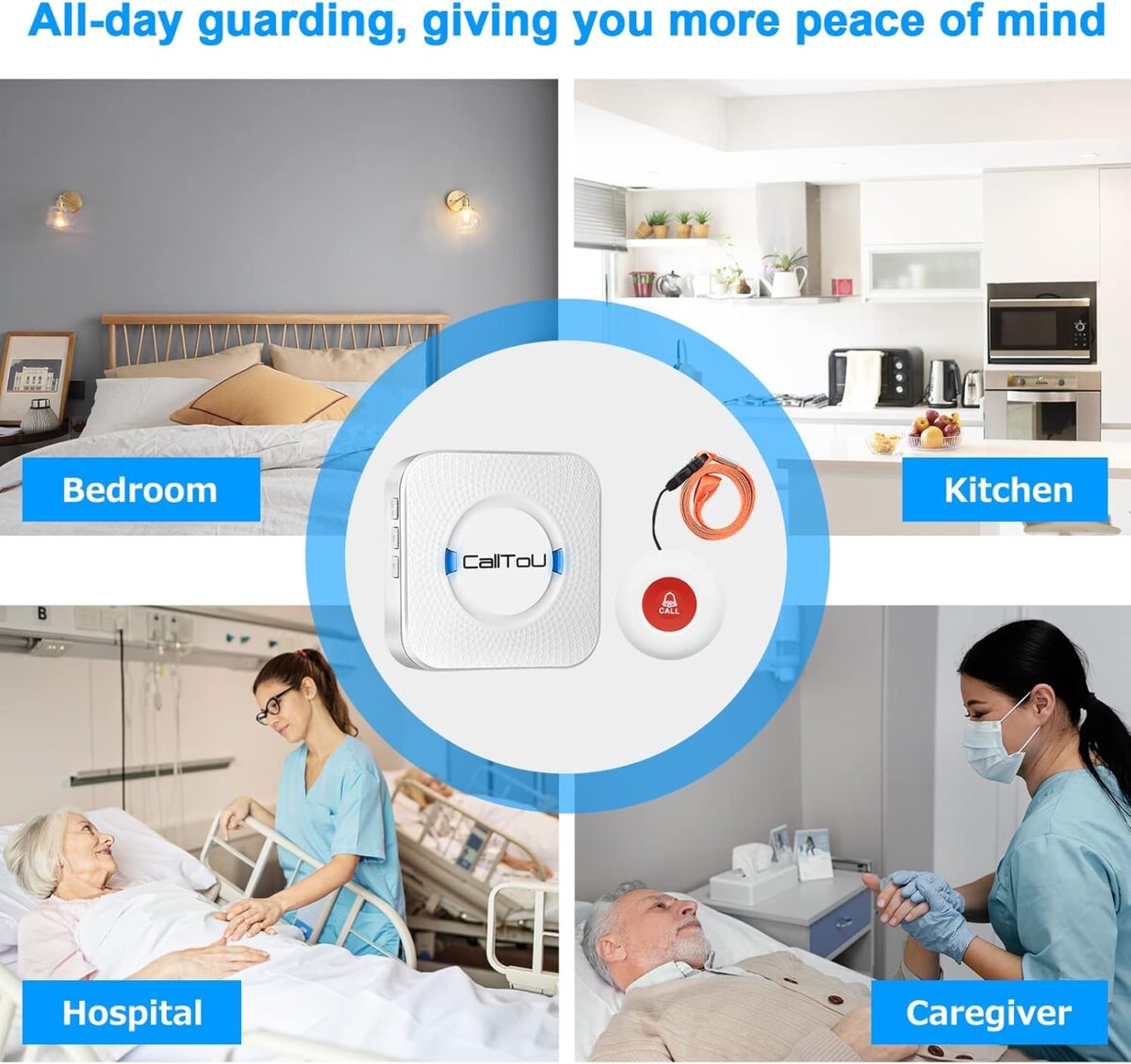 CallToU Wireless Caregiver Pager Smart Call System 2 SOS Call Buttons/Transmitters 2 Receivers Nurse Calling Alert Patient Help System for Home/Personal Attention Pager 500+Feet Plugin Receiver - Image 3