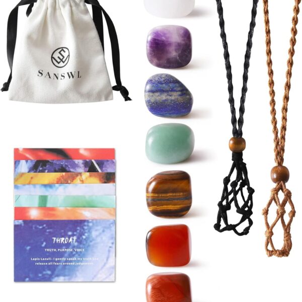 7 Chakra Healing Crystal Necklace Set - Boho Handmade Cord Cage and Hippie Energy Pendant Holder Real Crystal and Healing Stone Jewelry Spiritual Gift for Women Teen