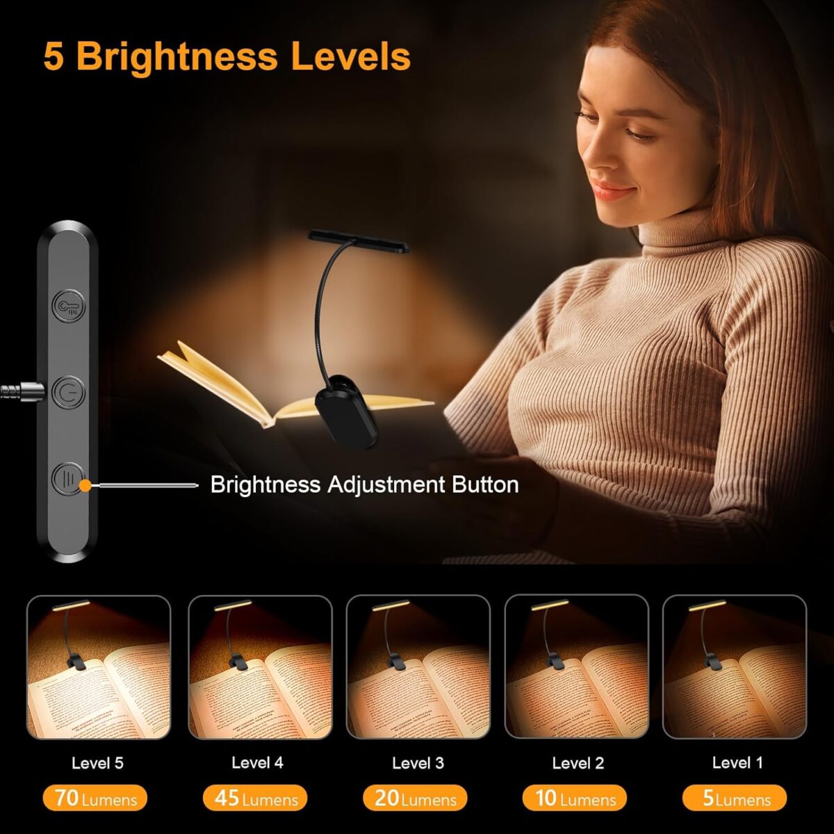 Gritin Rechargeable Book Light for Reading in Bed with 19 LED &Memory Function-Eye Caring 3 Color Temperatures, 5 Brightness Levels, 80 Hrs Runtime Flexible Goose Neck Clip on Light for Book Lovers - Image 2