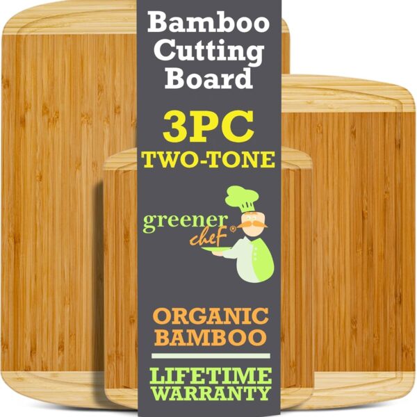 GREENER CHEF Organic Bamboo Cutting Board Set of 3 with Lifetime Replacements - Wood Cutting Board Set with Juice Groove - Wooden Chopping Board Set for Kitchen, Meat, Vegetables and Cheese