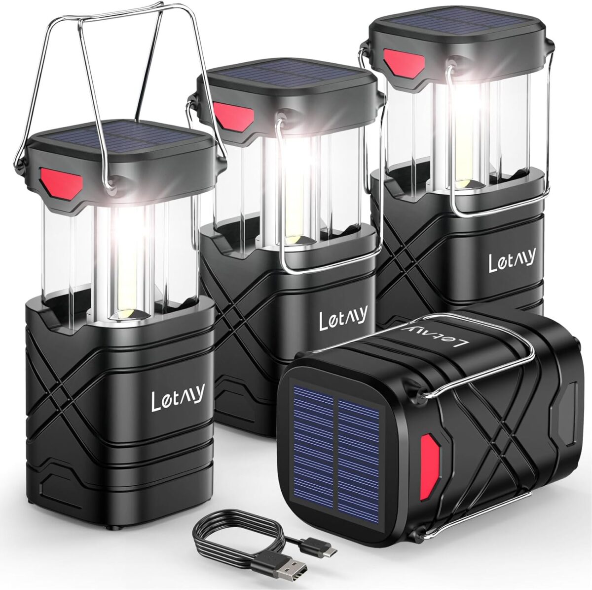 LETMY 4 Pack Camping Lantern, Rechargeable LED Lanterns, Solar Lantern Battery Powered Hurricane Lantern Flashlights with 3 Powered Ways & USB Cable for Emergency, Power Outage, Hurricane Supplies - Image 1