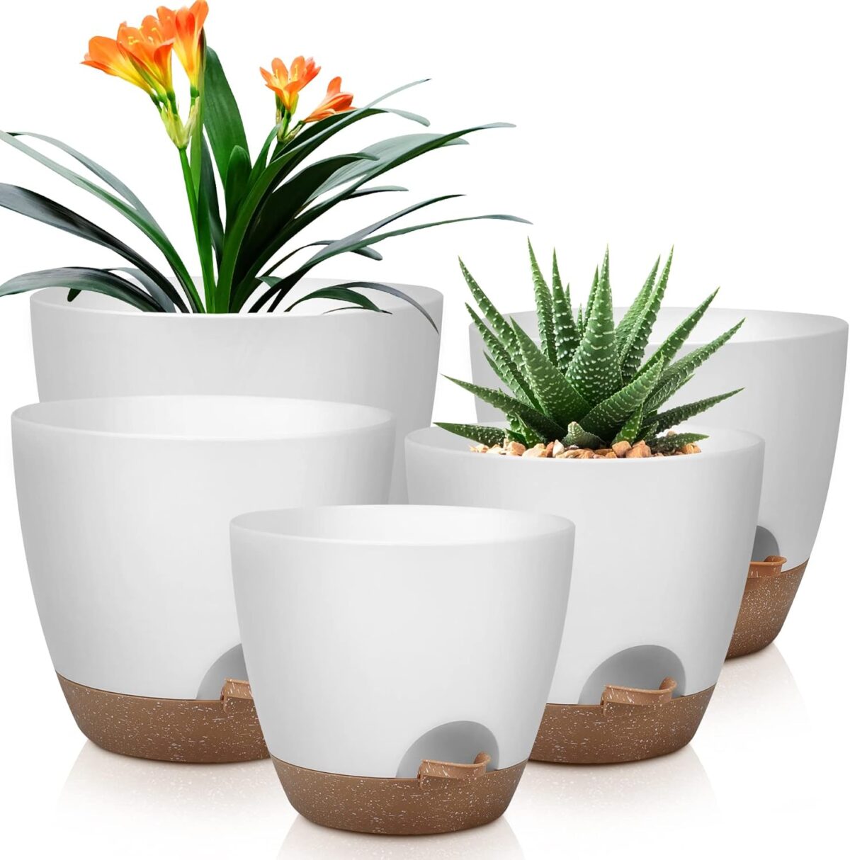 Plant Pots 10/9/8/7.5/7 Inch Self Watering Pots, Set of 5 Plastic Planters with Drainage Holes and Saucers,Plastic Flower Pots,Nursery Planting Pot for Indoor Out Door Plants（White） - Image 1