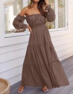 ZESICA Women's 2025 Boho Sexy Off Shoulder Long Sleeve Smocked High Waist Side Split Flowy A Line Tiered Long Maxi Dress - Image 3