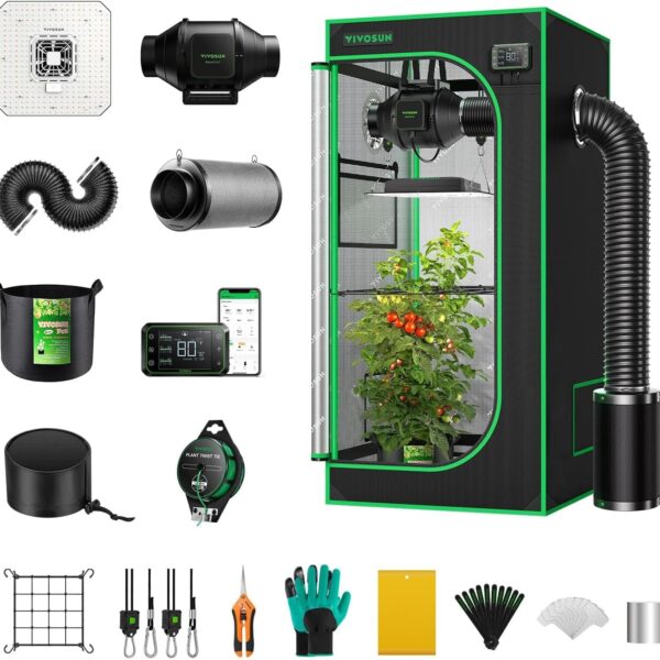VIVOSUN GIY Smart Grow Tent System 2x2, WiFi-Integrated Grow Tent Kit, with Automate Ventilation and Circulation, Schedule Full Spectrum 100W LED Grow Light, and GrowHub E42A Controller