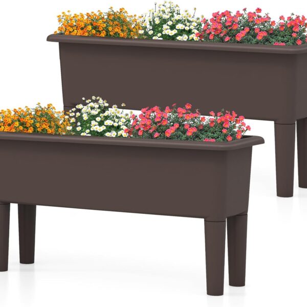 Giantex Raised Garden Beds Outdoor Set of 2, Self-Watering Planter Box with Detachable Legs & Drainage Hole, Outdoor Raised Container for Vegetable Fruit Herbs, 31.5”Lx12”Wx16”H, Easy Assembly (Brown)