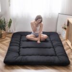 MAXYOYO Japanese Floor Mattress Futon Mattress, 4" Thicken Tatami Mat Sleeping Pad Foldable Roll Up Mattress Boys Girls Dormitory Mattress Pad Kids Floor Lounger Pillow Bed, Black, Twin Size