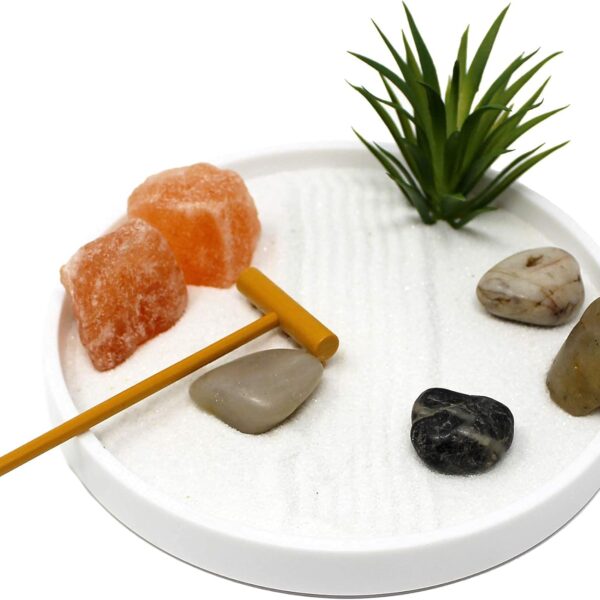 Nature's Mark Mini Zen Garden Kit for Desk with White Sand, Rake, White Base, Salt Rock and Air Plant (Round)