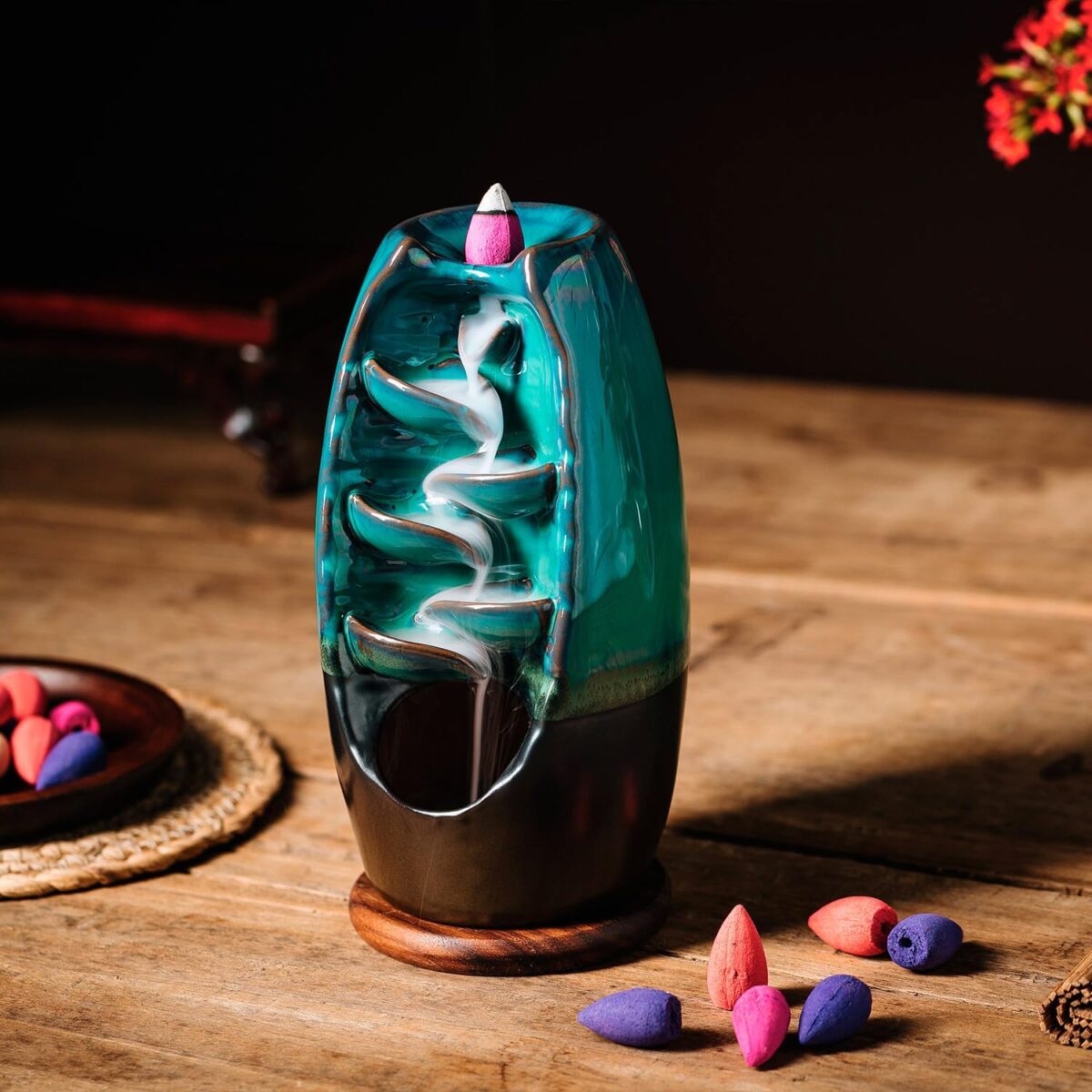INONE Ceramic Incense Burner with 100 Upgraded Cones, Waterfall Backflow Incense Holder, Aromatherapy Ornament, Zen Decor, Home Decor, Room Decor (Cyan) - Image 8