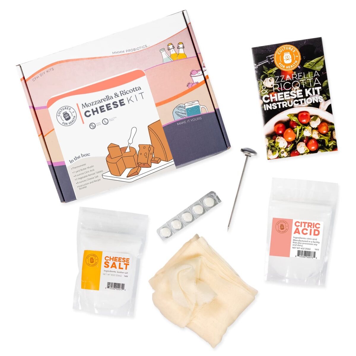 Mozzarella & Ricotta Cheese Making Kit | 5 Piece DIY Kit Includes Cheesecloth, Vegetable Rennet, Citric Acid, Cheese Salt, & Cooking Thermometer | Great Gift Ideas | Italian Cheese Making Supplies - Image 1