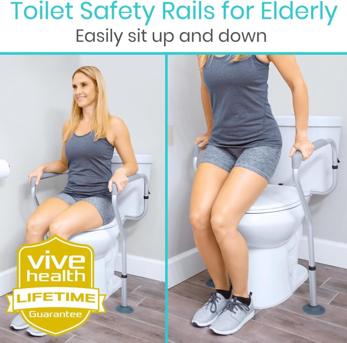 Vive Toilet Rail - Bathroom Safety Frame - Medical Railing Helper for Elderly, Handicap, Disabled, Seniors - Bariatric Assist Handrail Grab Bar - Adjustable Height, Padded Arms Fit Most Toilets - Image 2