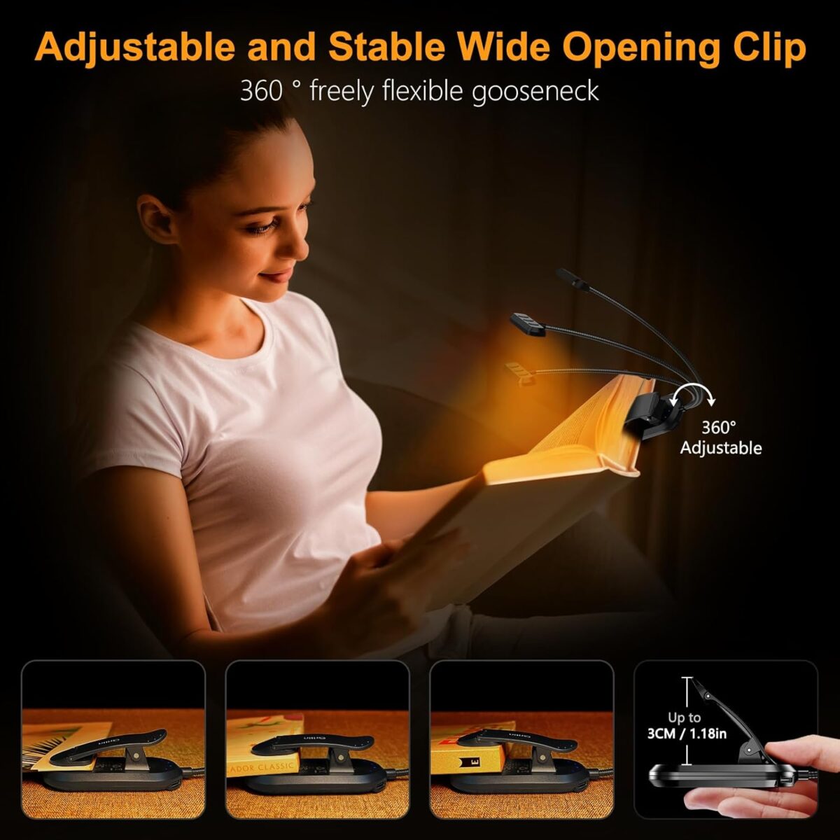 Gritin Rechargeable Book Light for Reading in Bed with 19 LED &Memory Function-Eye Caring 3 Color Temperatures, 5 Brightness Levels, 80 Hrs Runtime Flexible Goose Neck Clip on Light for Book Lovers - Image 5