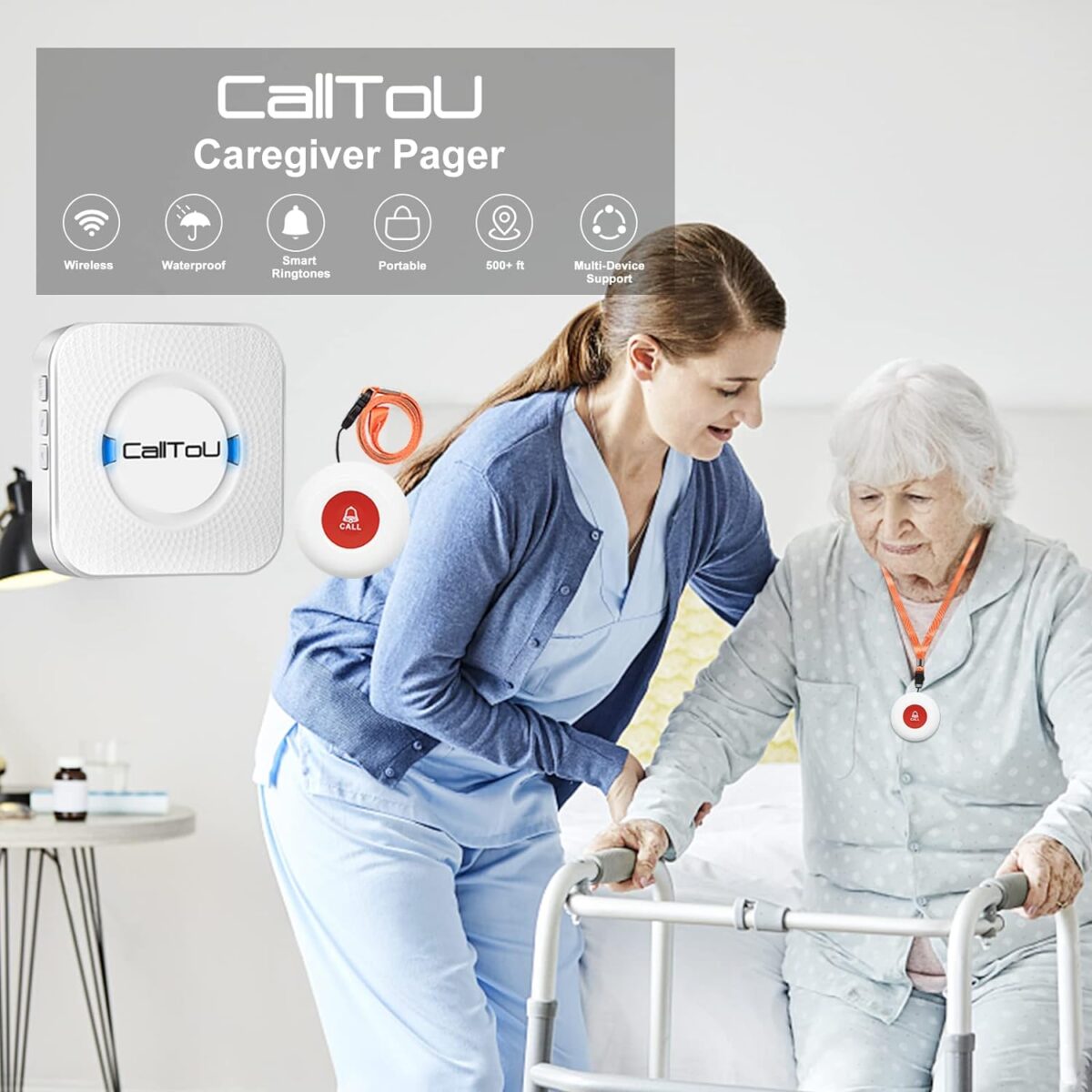 CallToU Caregiver Pager Wireless Call Button Nurse Alert System 500+ Feet for Home/Elderly/Patient/Disabled 1 Plugin Receiver 1 Waterproof Transmitter - Image 2
