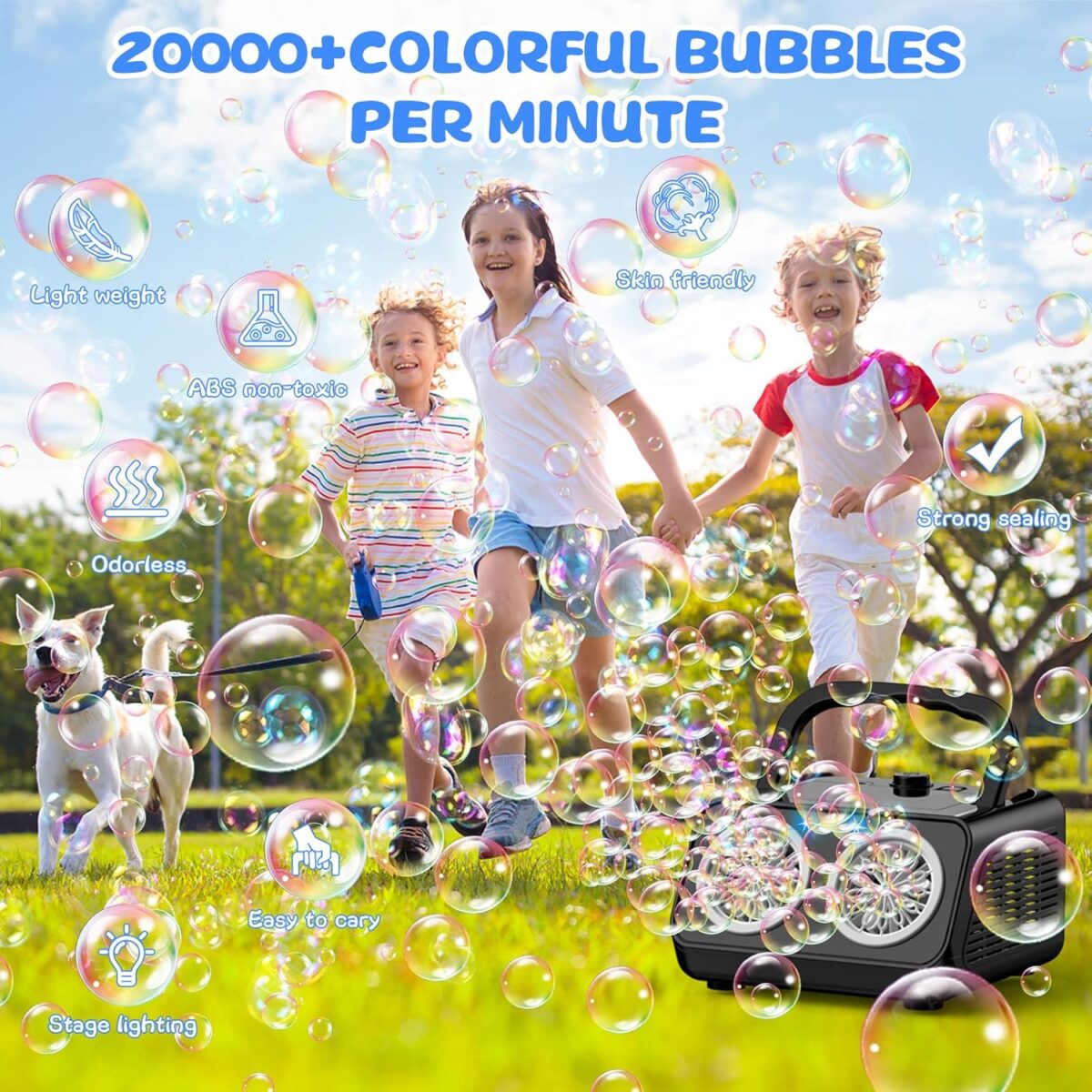 SHCKE Automatic Bubble Machine Upgrade Bubble Blower with 2 Fans, 20000+ Bubbles Per Minute Bubbles for Kids Portable Bubble Maker Operated by USB or Batteries for Outdoor Wedding Birthday Easter - Image 5
