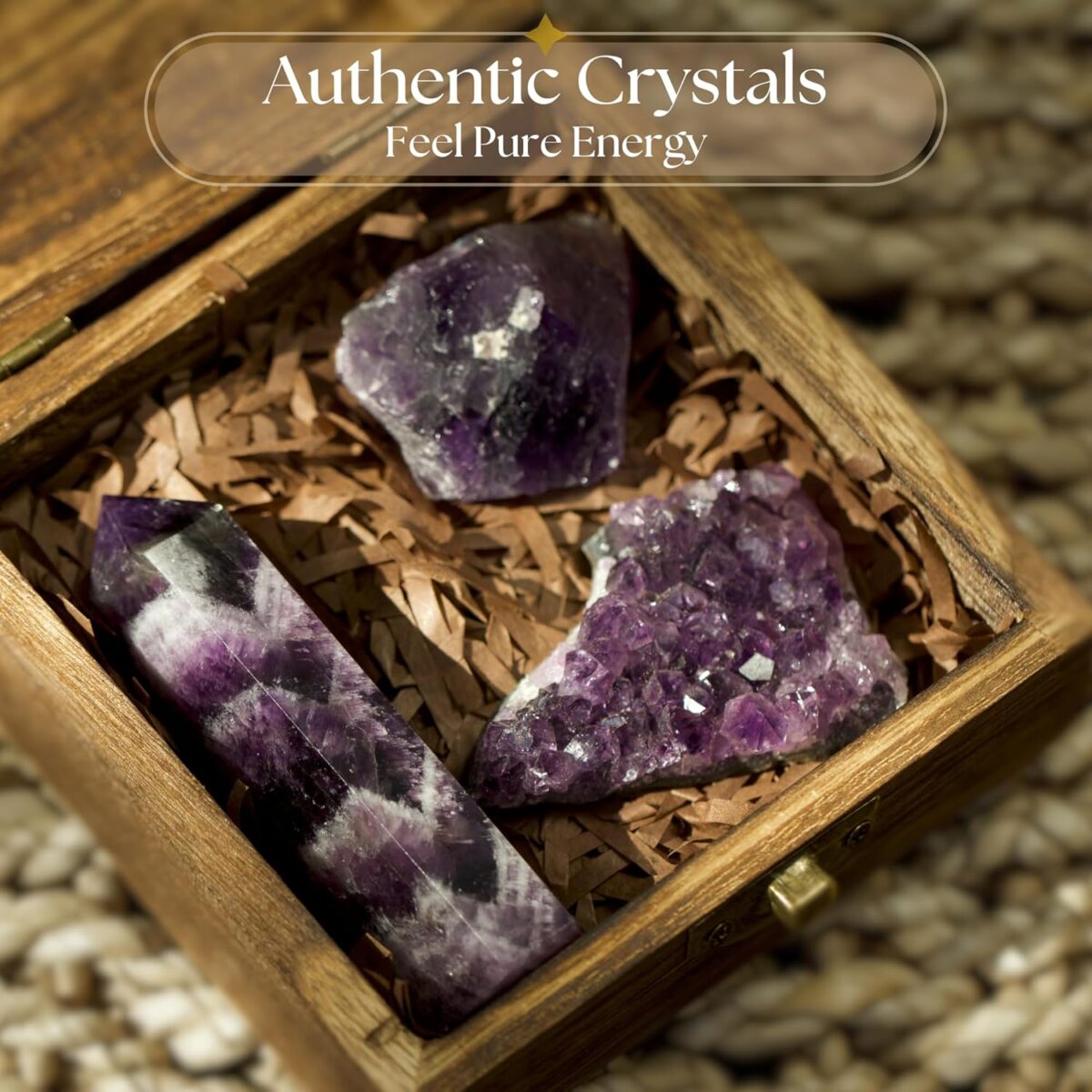 Premium Amethyst Crystal Set – Amethyst Crystal Tower, Cluster and Raw Crystal - Large Crystals and Healing Stones in Wooden Box - Ideal Spiritual Gifts for Women for Meditation, Peace and Sleep - Image 2