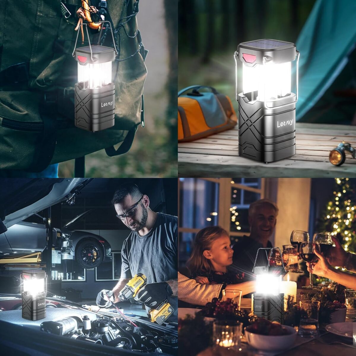 LETMY 4 Pack Camping Lantern, Rechargeable LED Lanterns, Solar Lantern Battery Powered Hurricane Lantern Flashlights with 3 Powered Ways & USB Cable for Emergency, Power Outage, Hurricane Supplies - Image 6