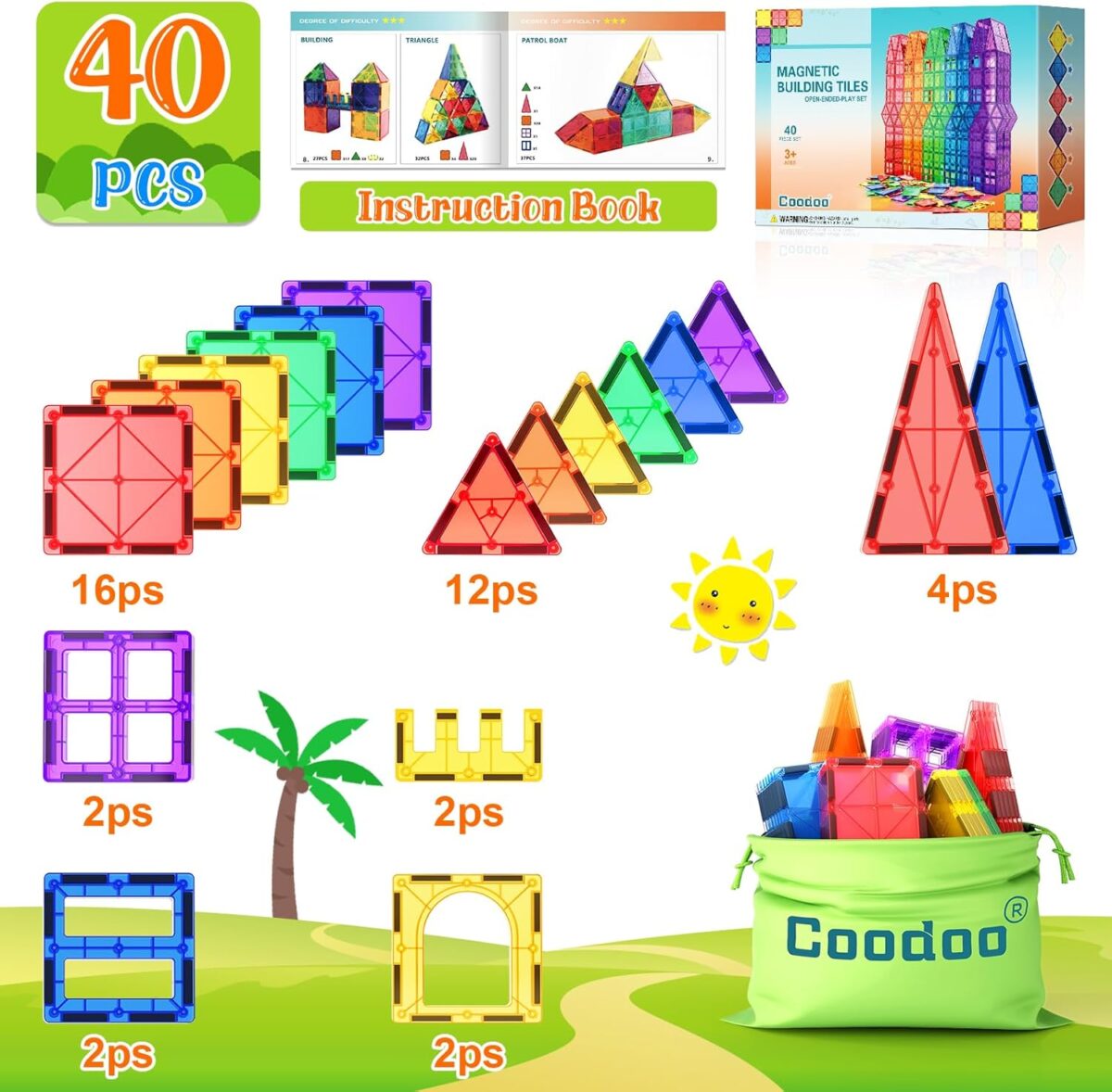 Magnetic Tiles Kids Toys STEM Magnet Toys for Toddler Magnetic Blocks Building Toys Preschool Learning Sensory Montessori Toys for 3+ Year Old Boys and Girls, Safe Creativity Toddler Kids Toys 40PCS - Image 6