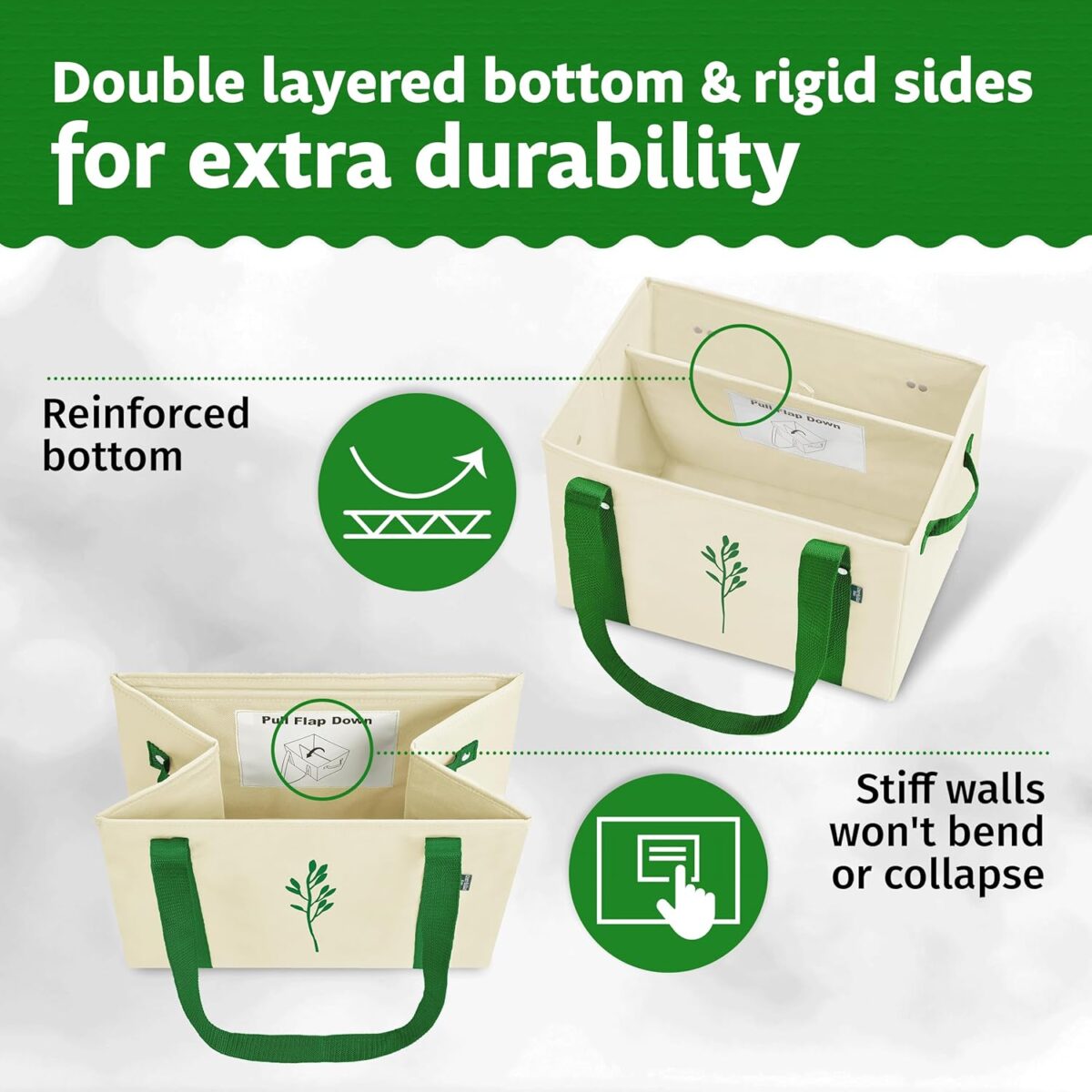 Green Bulldog Reusable Grocery Bags - Heavy Duty Reusable Shopping Tote Bags W/Long Handles, Foldable & Collapsible, Holds Up to 65 lbs - for Kitchen, Picnic 3 Pack - Image 5