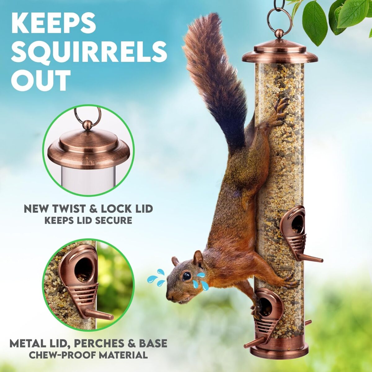Bird Feeder for Outdoors (Brushed Copper) Squirrel Proof Hanging Bird Feeder with Locking Lid & Adjustable Hanger, Chew-Proof, Weather Resistant 14 Inches 4 Port - Image 4