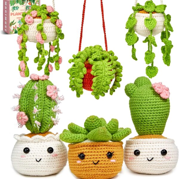 MAGIMUSE Crochet Kit for Beginners, Crochet Starter Kits for Adults Amigurumi Craft Knitting Crocheting Kits with Step-by-Step Video Tutorials, 6 Pack Hanging Potted Plants Family(40%+ Yarn