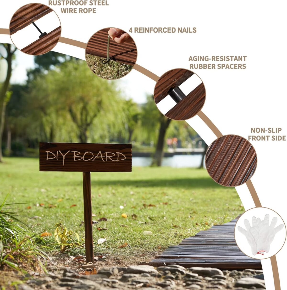 Spurgehom 8FT Wooden Garden Pathway Curved Outdoor Walkway Roll Out Cedar Wood Patio Flooring Path Decorative Lawn Patio Pavers Boardwalk Beach Wedding Party (Brown) - Image 3