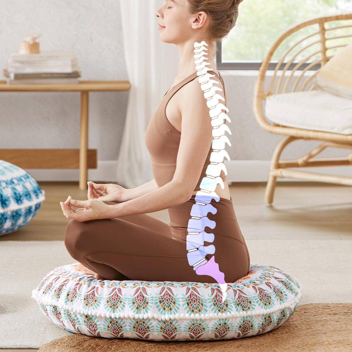 Codi Meditation Floor Pillow, Round Large Pillows Seating for Adults, Bohemian Mandala Circle Cushion for Outdoor Fireplace Yoga Living Room, 32 Inch, Memory Foam Added, Coral - Image 7