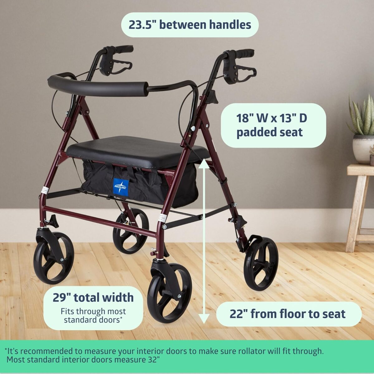 Medline Large Steel Bariatric Rollator Walker with Adjustable Handles,Padded Seat & Backrest,Burgundy, 500 lb.Weight Capacity,Foldable, Under Seat Storage,8" Wheels,Rolling Walker For Seniors & Adults - Image 3