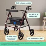 Medline Large Steel Bariatric Rollator Walker with Adjustable Handles,Padded Seat & Backrest,Burgundy, 500 lb.Weight Capacity,Foldable, Under Seat Storage,8" Wheels,Rolling Walker For Seniors & Adults - Image 3