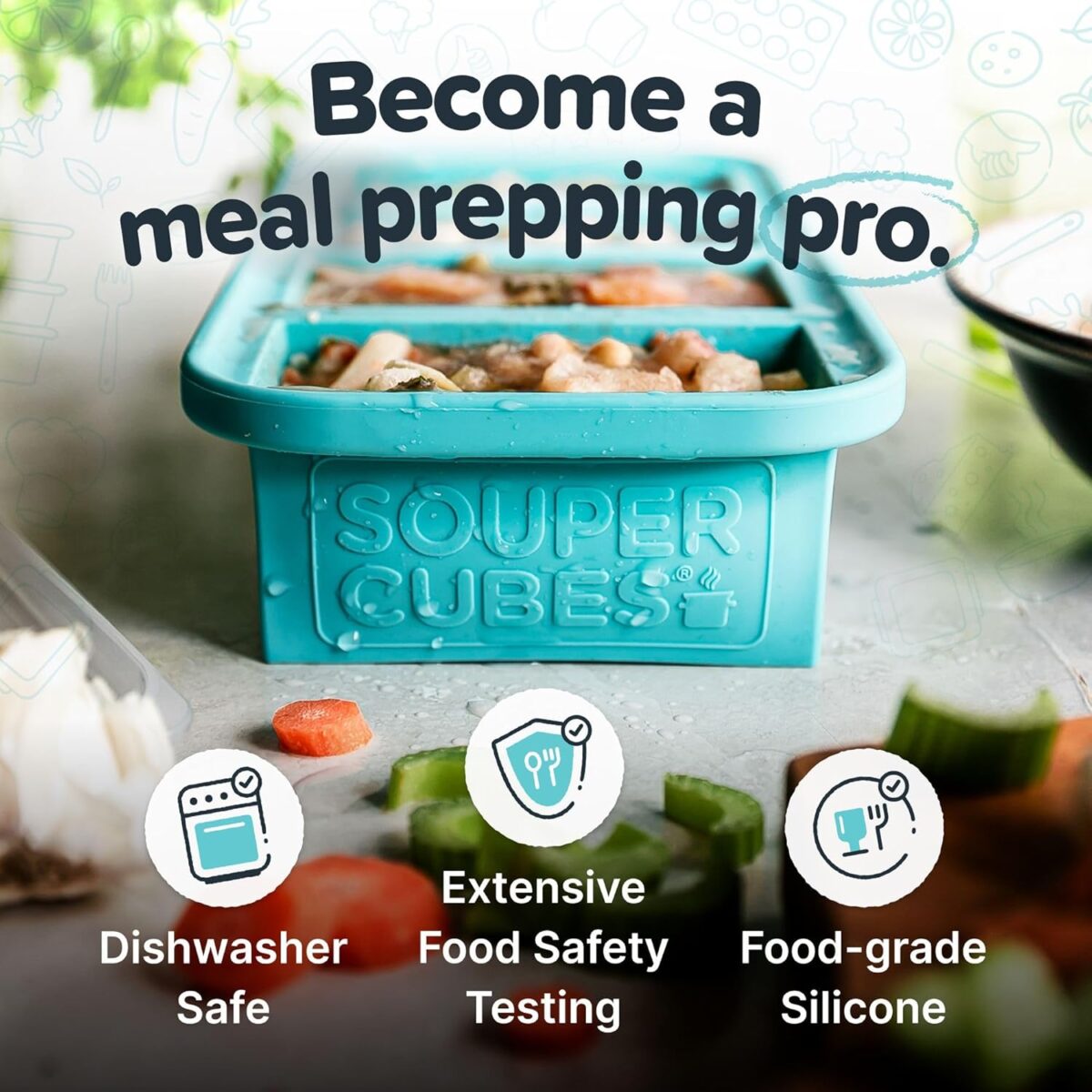 Souper Cubes 1 Cup Silicone Freezer Molds - Soup Cubes Perfect for Freezing Broth, Rice, Leftovers and More - Silicone Freezer Trays with Lids for Meal Prep - Aqua - 2-Pack - Image 3
