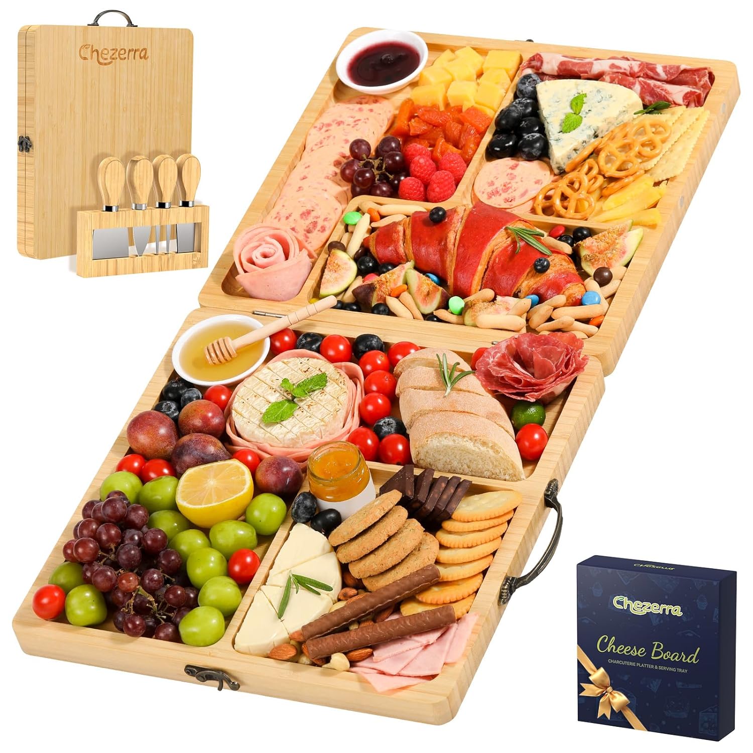 811g9HP6OnL._SL1500_.jpg Charcuterie Boards Gift Set, Chezerra Bamboo Cheese Board Set, Folding Cheese Board with Knife Set, Unique White Elephant Gift, House Warming Gift, Wedding Gift, Portable Outdoor Cheese Plate - Image 1