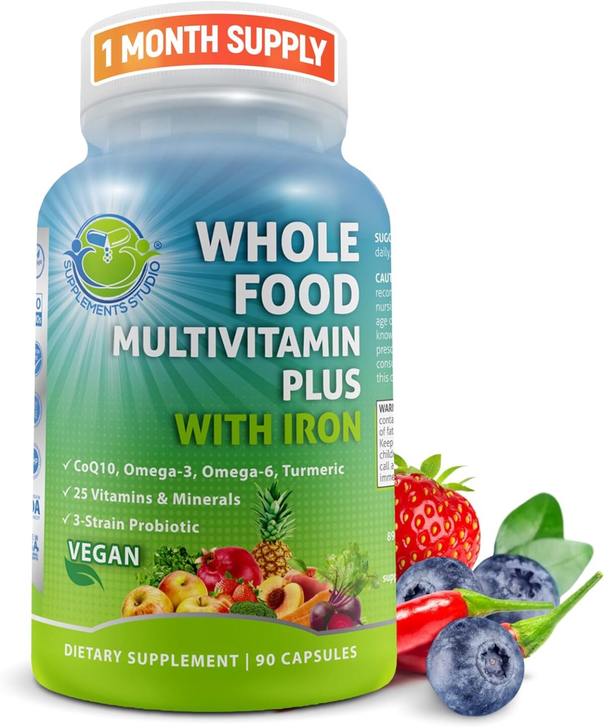 Vegan Whole Food Multivitamin with Iron, Daily Multivitamin for Women and Men, Made with Fruits & Vegetables, B-Complex, Probiotics, Enzymes, CoQ10, Omegas, Turmeric, Non-GMO, 90 Count - Image 1