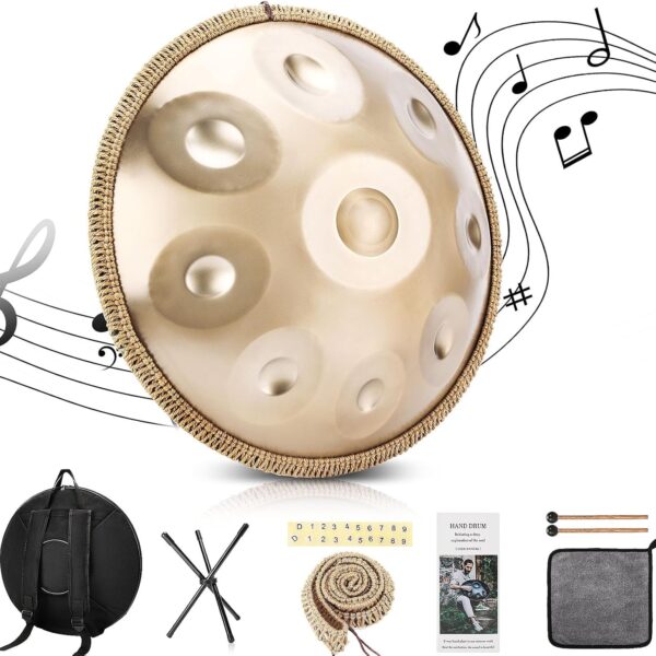 Handpan 22 Inches Drum Set, 440Hz 9 Notes Hand Drum Instrument, Premium Steel Hand Drum, Includes Carrying Case, Drumsticks, Spiral Wraps, Instruction Guide