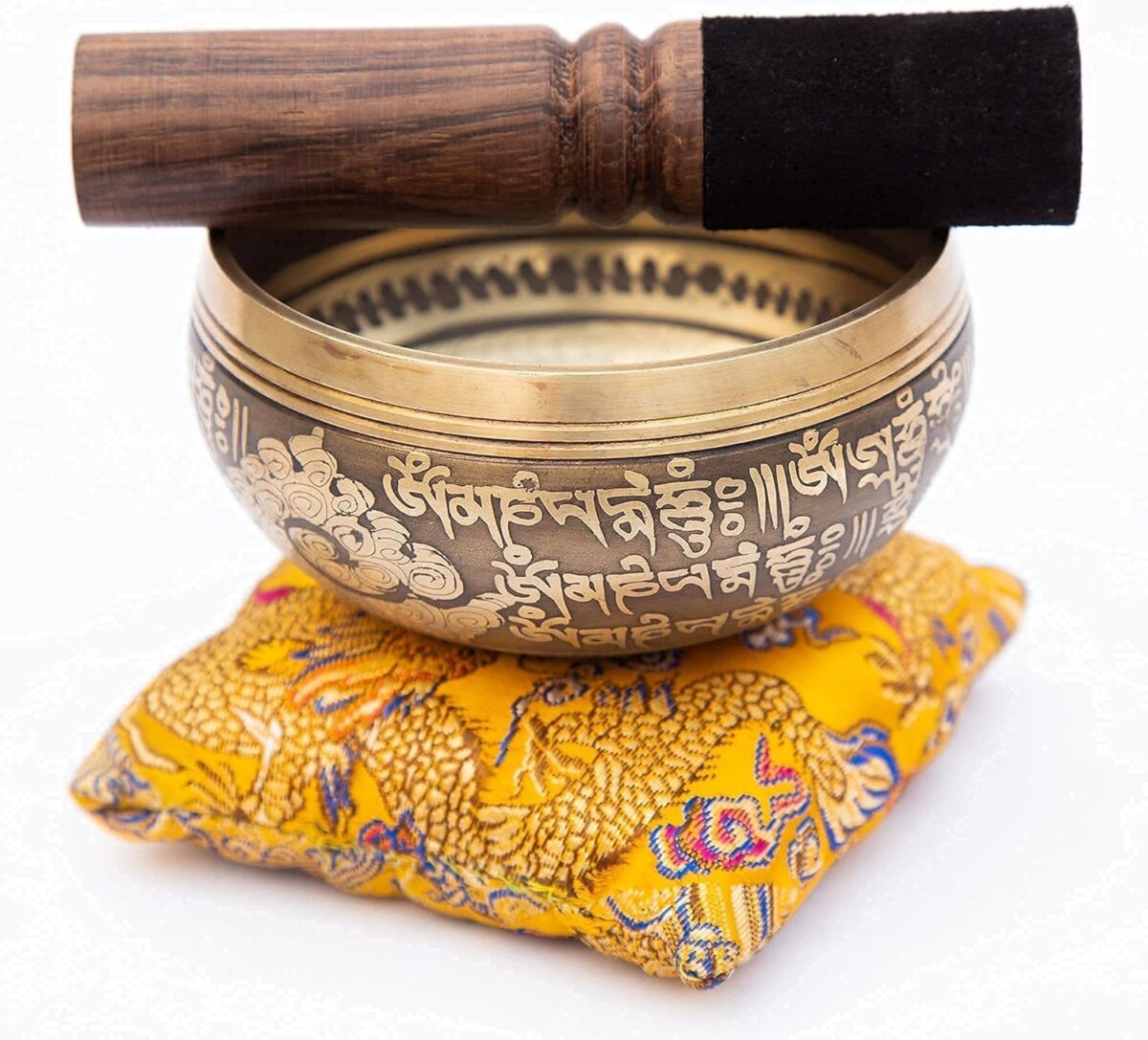Tibetan Singing Bowl Set Bronze - Master Healing Grade - Pure Tone With Tibetan Thangka Art By Himalayan Bazaar (Gold & Yellow) - Image 8