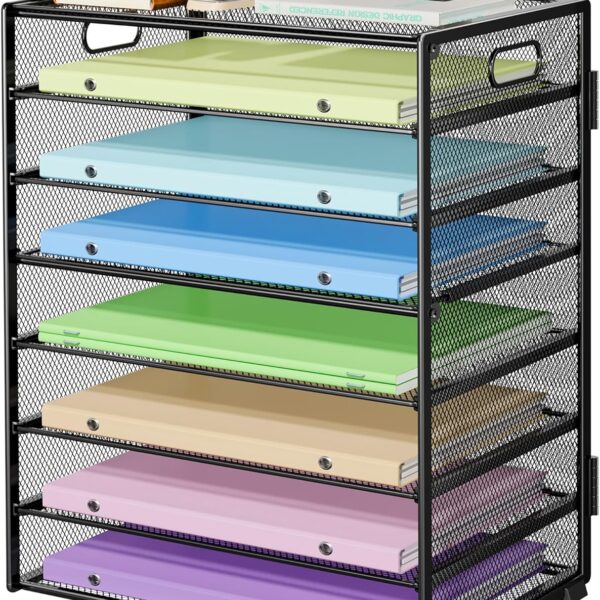 8 Tier Paper Organizer with Handle, Metal Mesh Desk File Organizer, Large Capacity Desk Organizer Paper Letter Tray Organizer for Office, Home or School File Folder Holder - Black