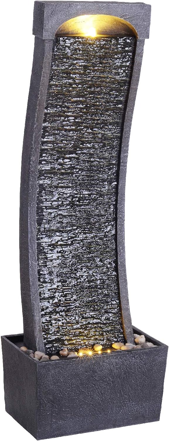 8134kSS-ymL._AC_SL1500_.jpg Teamson Home 38.58 in. Modern Curved Faux Slate Waterfall Fountain for Indoors or Outdoors with LED Light Accents and 1.98-Gallon Pump, Black and Stone Gray - Image 1