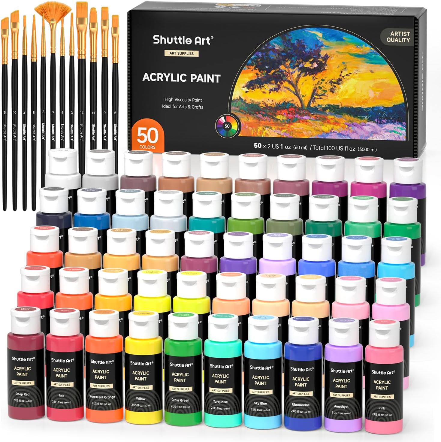 813AUqjB1dL._AC_SL1500_.jpg Shuttle Art Acrylic Paint, 50 Colors Acrylic Paint Set, 2oz/60ml Bottles, Rich Pigments, Water Proof, Premium Acrylic Paints for Artists, Beginners and Kids on Canvas Rocks Wood Ceramic Fabric - Image 1