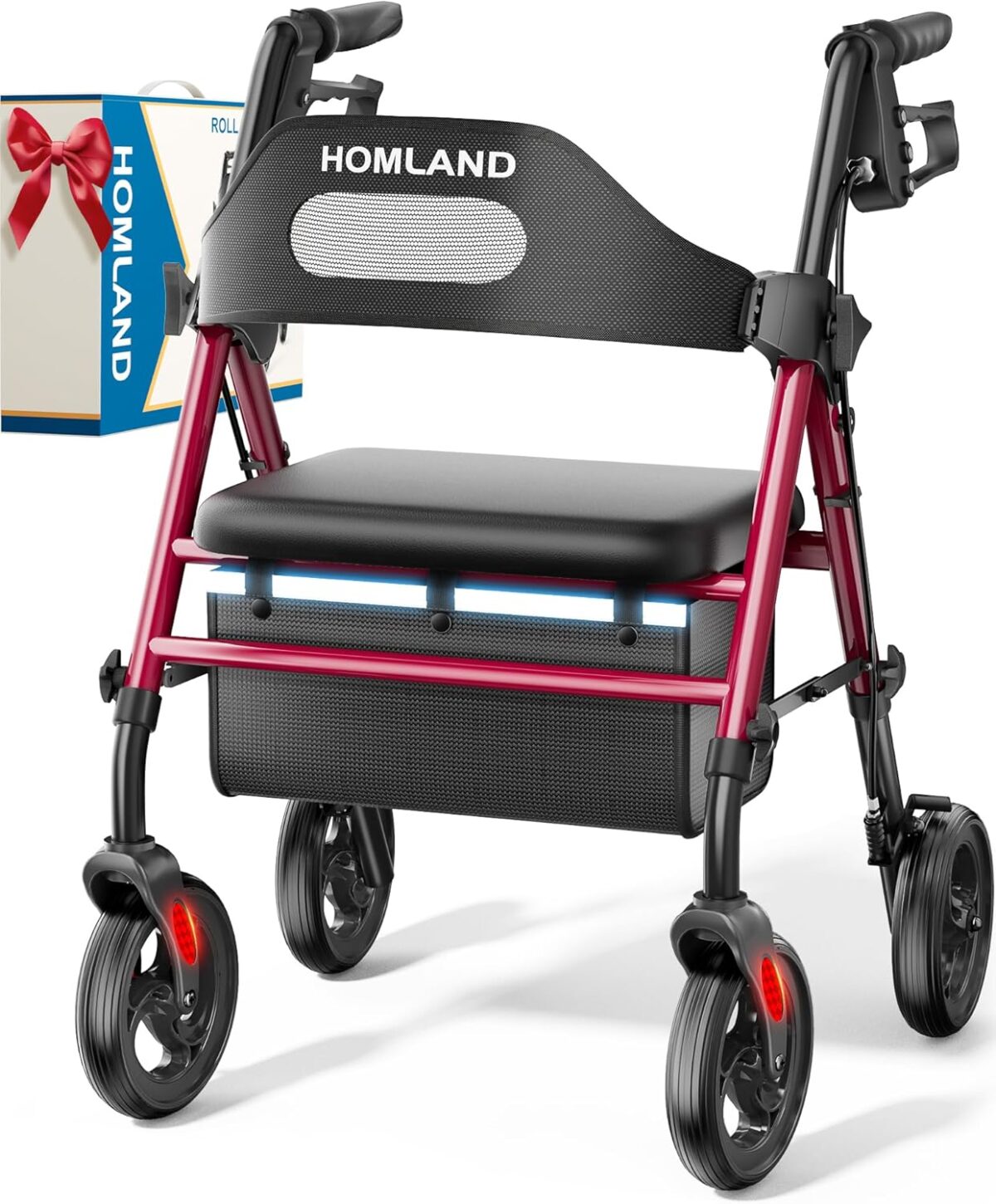 Foldable Rollator Walkers with Seat for Seniors, 8'' Big Wheels, 350 lb. Weight Capacity, Adjustable Handles and Seat Height, Lightweight Rolling Walker, Red - Image 1
