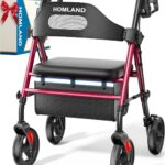 Foldable Rollator Walkers with Seat for Seniors, 8'' Big Wheels, 350 lb. Weight Capacity, Adjustable Handles and Seat Height, Lightweight Rolling Walker, Red