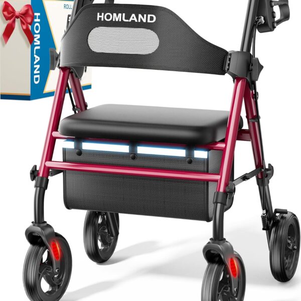 Foldable Rollator Walkers with Seat for Seniors, 8'' Big Wheels, 350 lb. Weight Capacity, Adjustable Handles and Seat Height, Lightweight Rolling Walker, Red